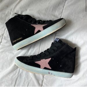Golden Goose Black Suede High-Top Sneakers with Pink Star